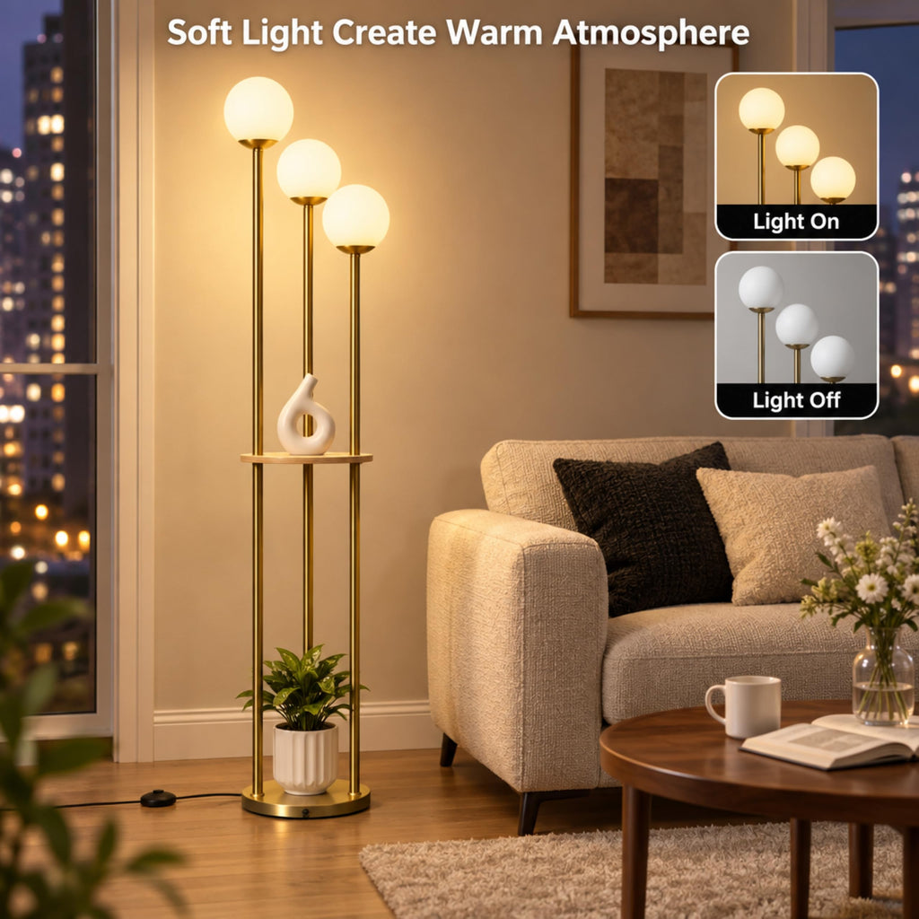 3 Globe Mid Century Modern Floor Lamp with Shelves