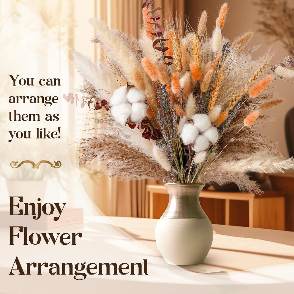 Fall Dried Flower Bouquet - Boho Fall Decor with Pampas Grass, Cotton, and Orange Bunny Tails - Autumn Floral - Set of 100