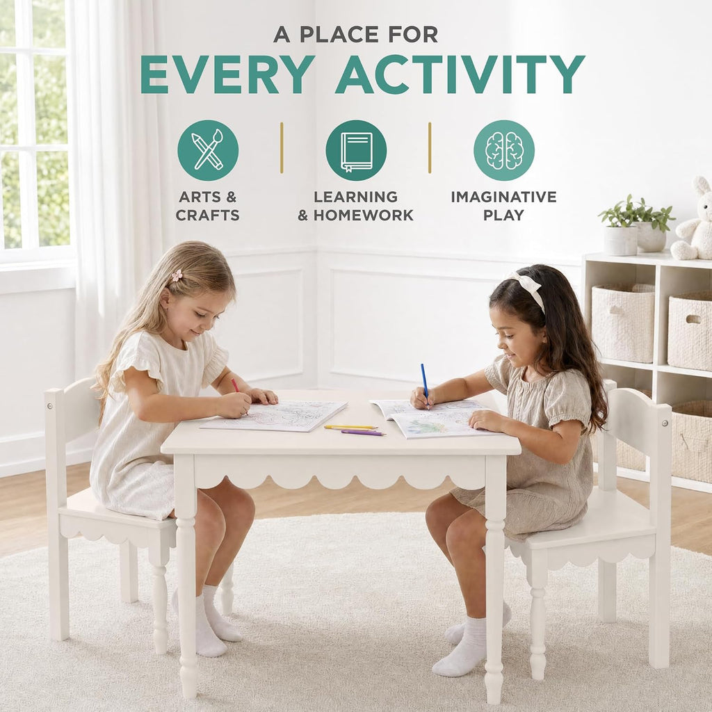Kids Table and Chair Set for Toddlers, Solid Wood Activity Table and Chairs, Scalloped Edge Design, Sturdy 100 lb