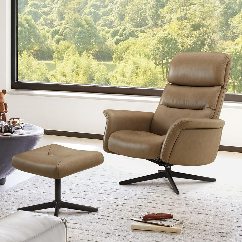 Modern Reclining Swivel Lounge Chair and Ottoman — Genuine Leather