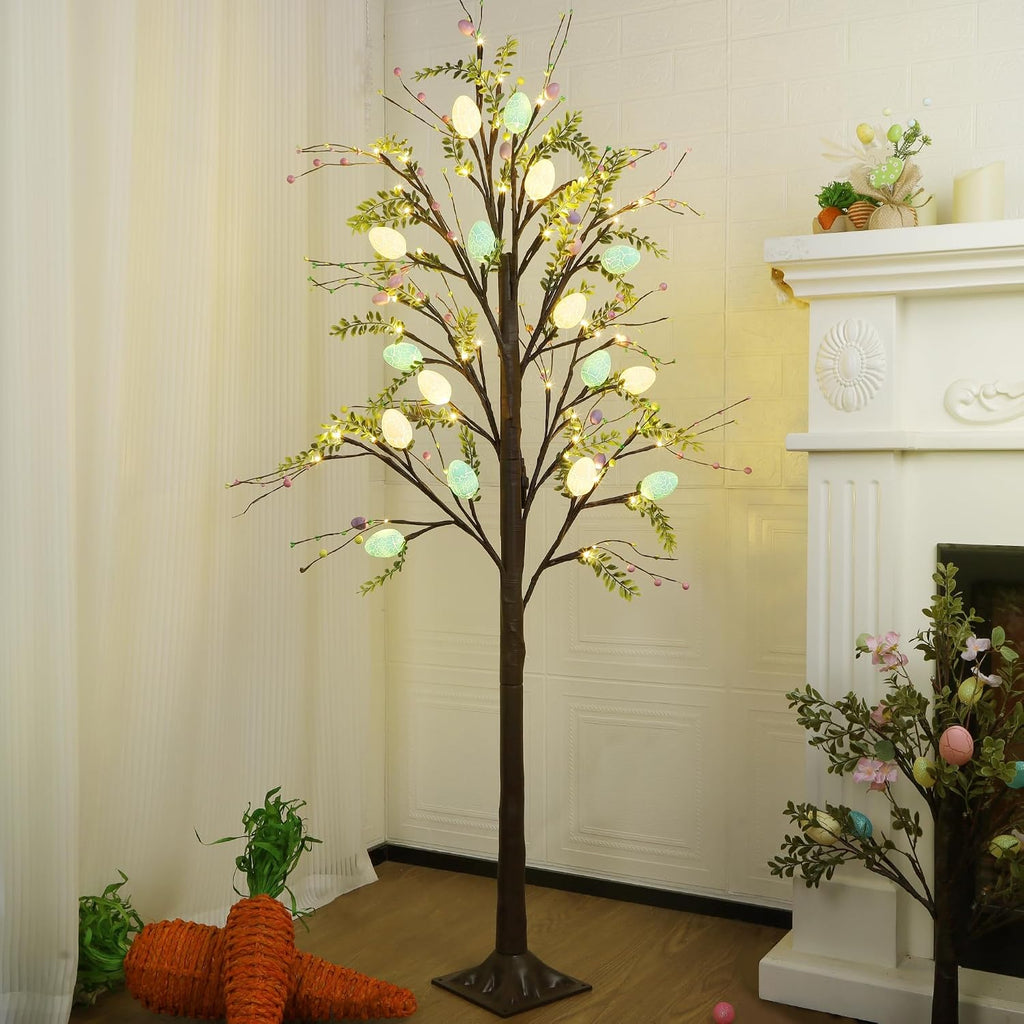 5FT Lighted Easter Tree with Timer, Easter Decorations & Porch, Pre-Lit Egg Trees with LED Lights & Colorful Eggs