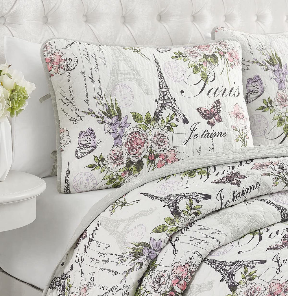 Resort Paris Floral, Pre-Washed, 3-Piece Reversible, Featuring, Eiffel Towers, Roses, Botanical Leaves, Postcards
