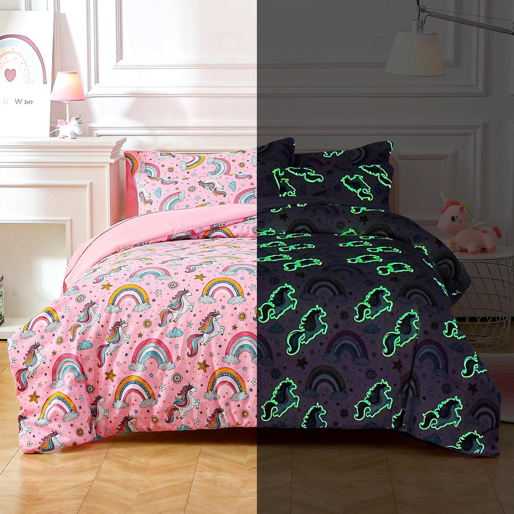 Glow in The Dark Kids Comforter Set, 3 Pieces Pink Unicorn Bedding Set Twin for Boys Girls Teen, 1 Comforter, 1