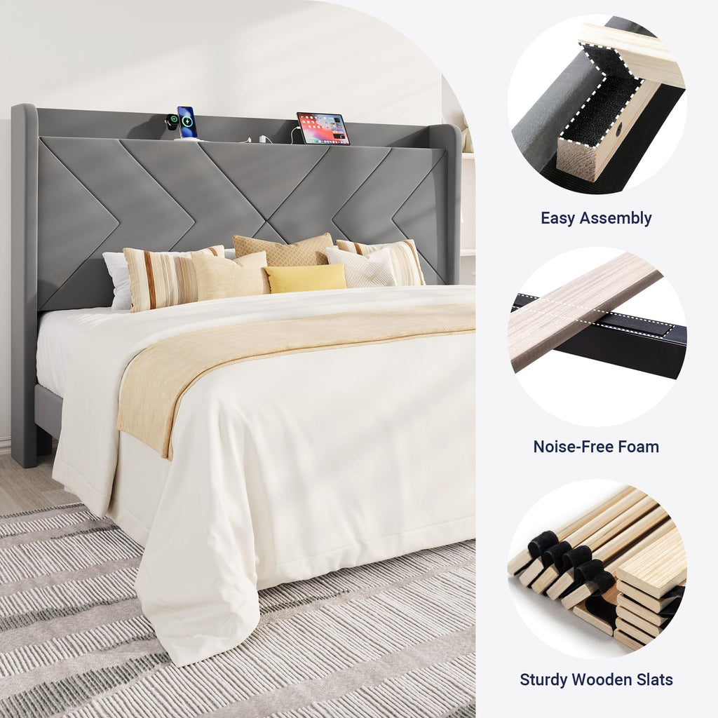 King Size Velvet Bed Frame with Charging and Shelf, Grey