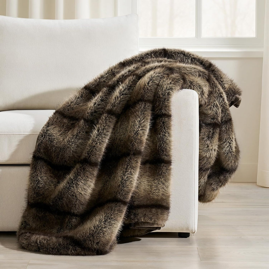 Luxury Faux Fur Throw Blanket, 60"x80", Ombré Sable Brown | Fluffy Faux Mink Blanket, Soft Cozy Plush, Thick Warm