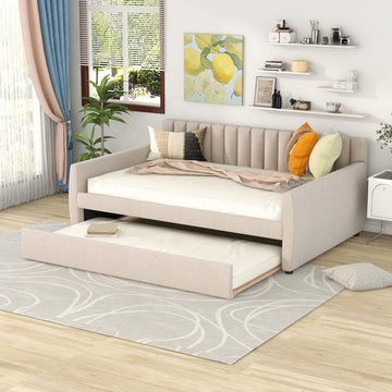 Full Size Daybed with Trundle, Upholstered Day Bed Frame Velvet Sofa Beds with Vertical Channel Tufted Headboard