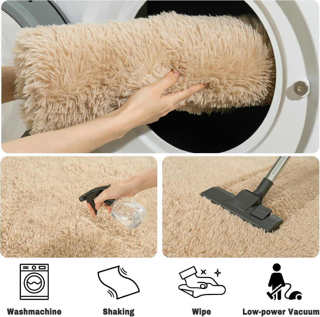 Soft Oval Beige Fluffy Rugs Washable Non-Slip, Set of 2