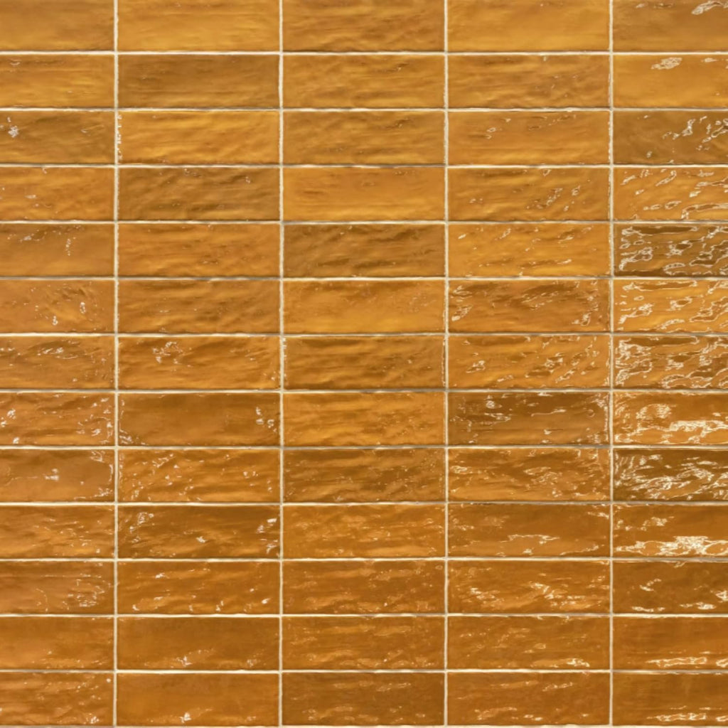2.5x8 Mustard Glossy Handmade Look Ceramic Wall Tile - Spanish Zellige Style Subway Tile Backsplash, Bathroom, and