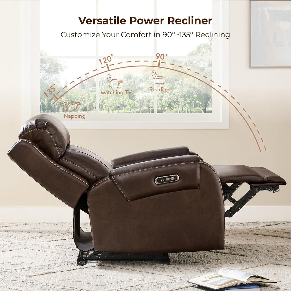 Genuine Leather Power Recliner Chair for Adults, Electric Wall Hugger Recliner with Adjustable Power Headrest &