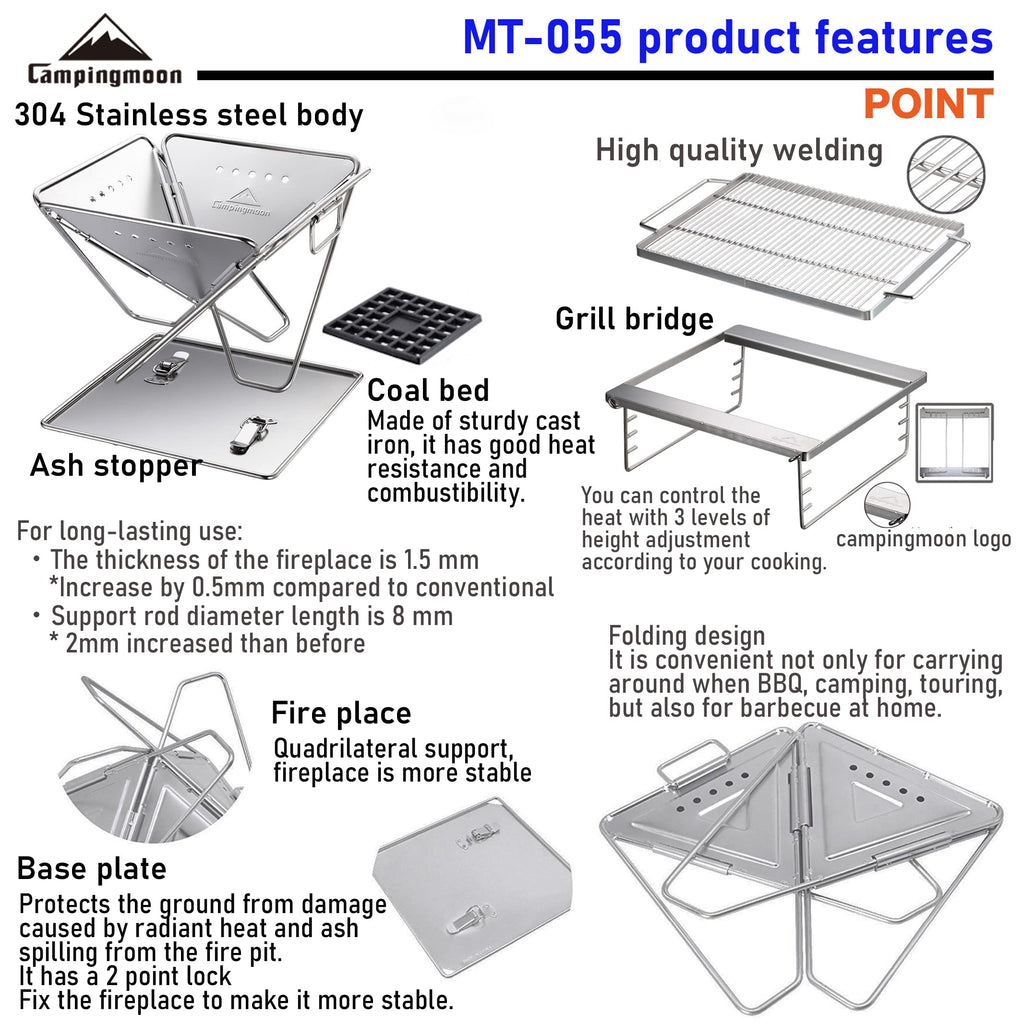 Campingmoon BBQ Grill Fire Pit Foldable Stainless Steel - Extra Large