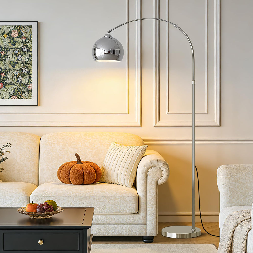 Glossy Chrome Silver Arc Floor Lamp with 12W LED Remote Dimming