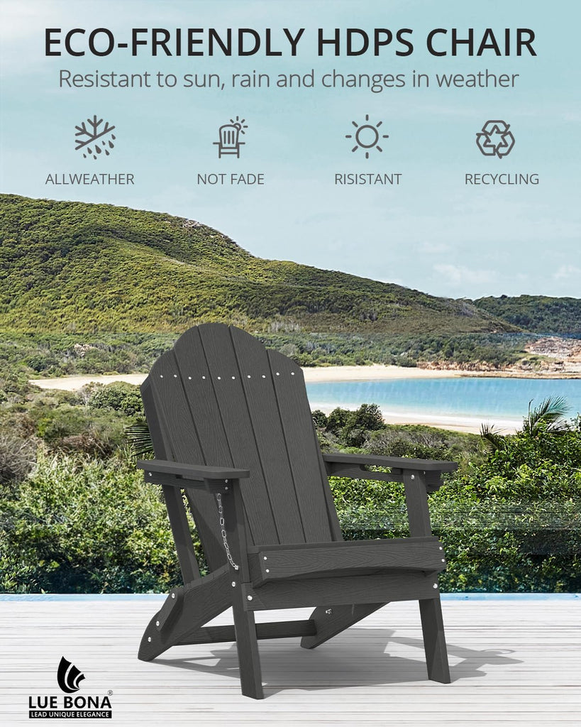 HDPE Folding Adirondack Chair, Cup Holder, Set of 4, Black | HDPE poly lumber, folable, all-weather resistant, Low