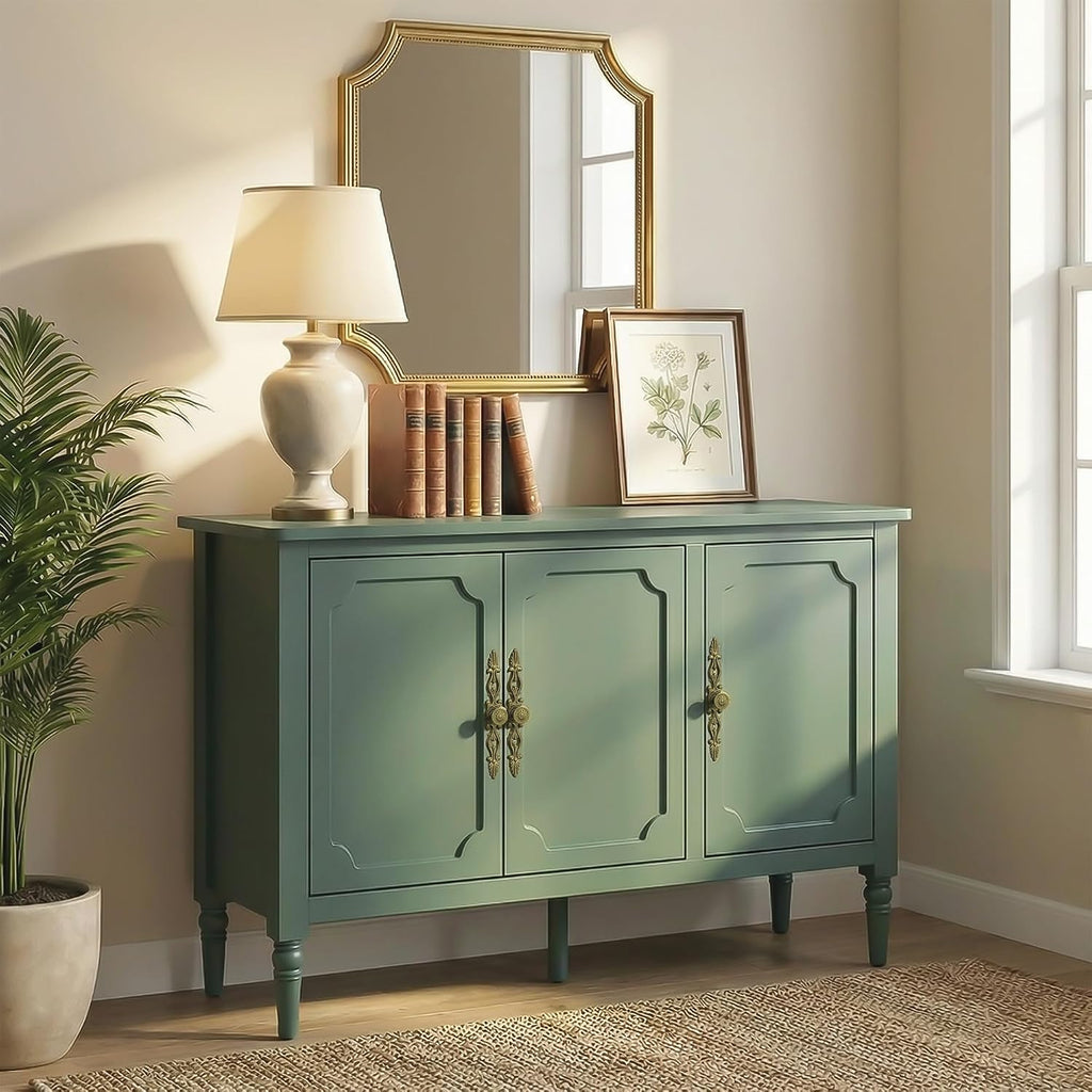 Buffet Cabinet with 3 Doors, Mid-Century Modern Sideboard with Adjustable Shelves, Wood Painted Coffee Bar Table with