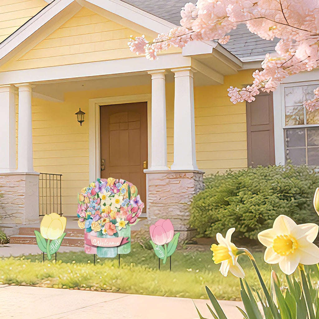 3Pcs Hello Spring Welcome Flower Yard Stakes Metal Floral Outdoor Decor, 2-in-1 Decorative Tulip Flower Sign for