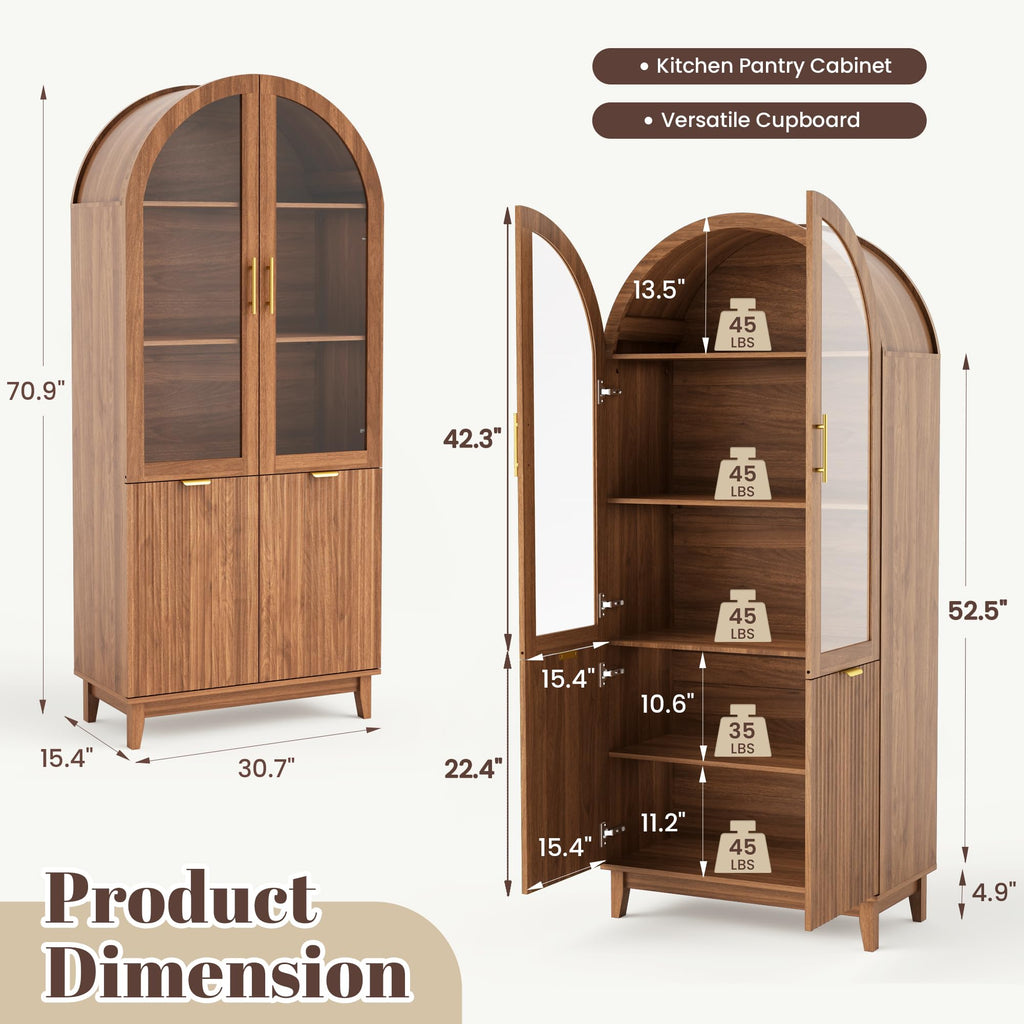 71" Tall Arched Cabinet with Glass Doors, Fluted Kitchen Pantry Cabinet, Modern Wood Storage Cabinet with Adjustable
