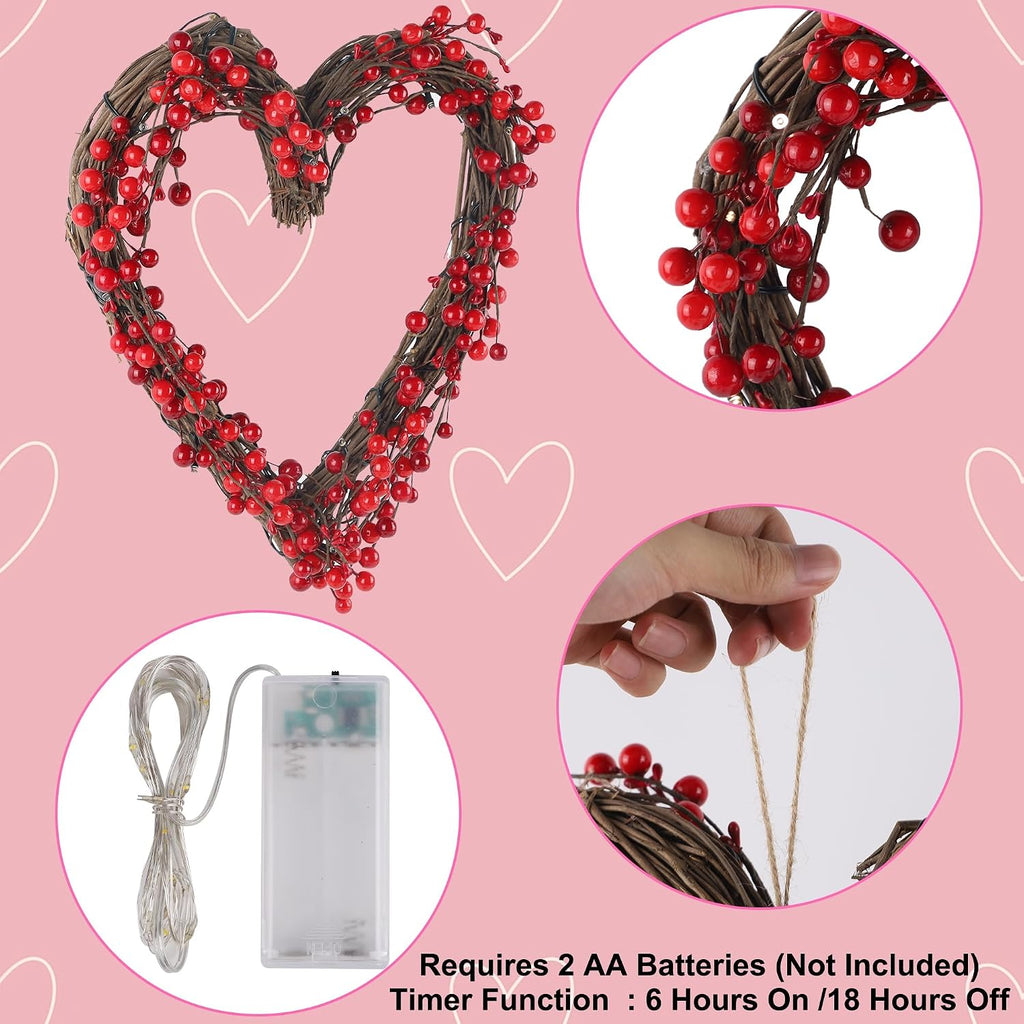 Valentine's Day Wreath, 15" LED Lighted Red Berry Heart Shaped Valentines Wreaths for Front Door, Battery Operated