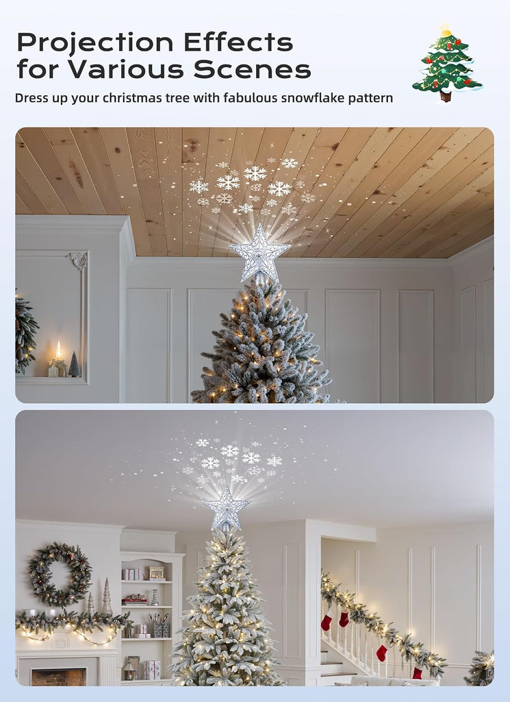 Star Tree Topper with Snowflake Projector Xmas Decoration Silver