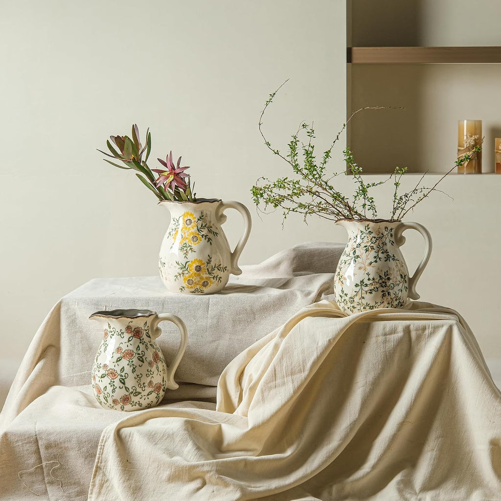 Ceramic Flower Vase | Green Rustic Farmhouse Pitcher Vase