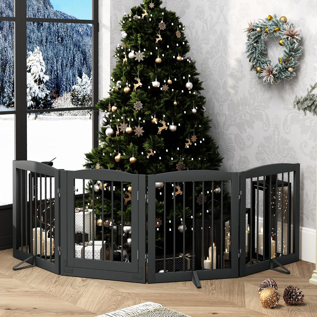 Freestanding Dog Gate with Door, Pet Gate for Stairs, 80 inch Wide Pet Barrier Indoor, Dog Fences Indoor, Support