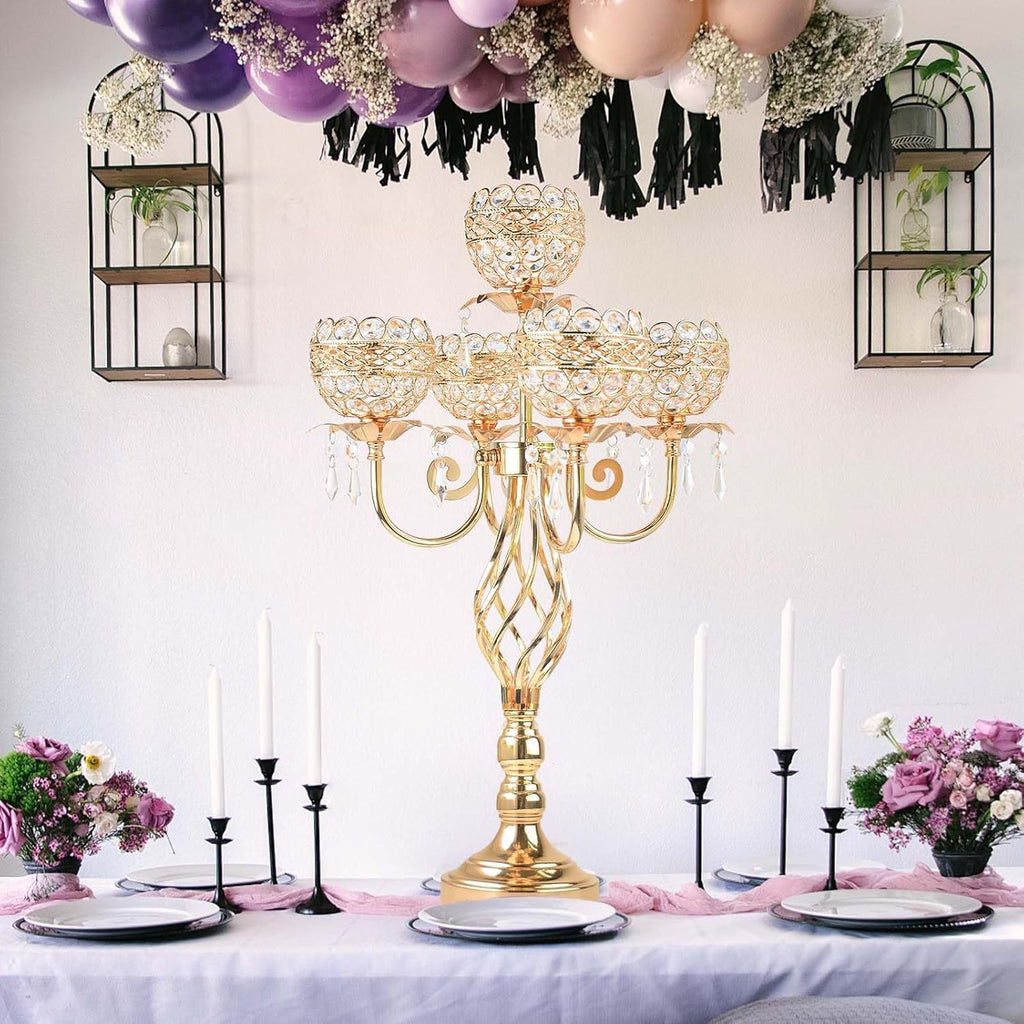 Elegant 5-Arm Candelabra Centerpiece with Crystal Pendants - 23.6 Inch Tall Table Centerpiece for Weddings, Parties