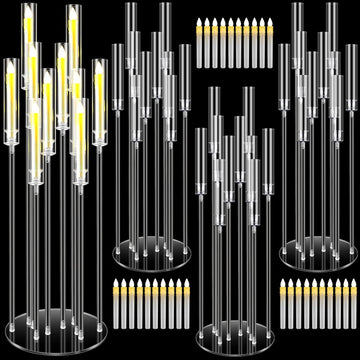 4 Pcs 10 Arm Wedding Acrylic Candelabra Table Centerpieces with 40 LED Candle 46.5'' Tall Floor Candlestick Clear
