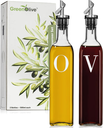 Olive Oil and Vinegar Dispenser Set - 17 oz. Glass Bottles with No-Drip BPA-Free Spouts - Stylish O and V Identifiers - Set of 2