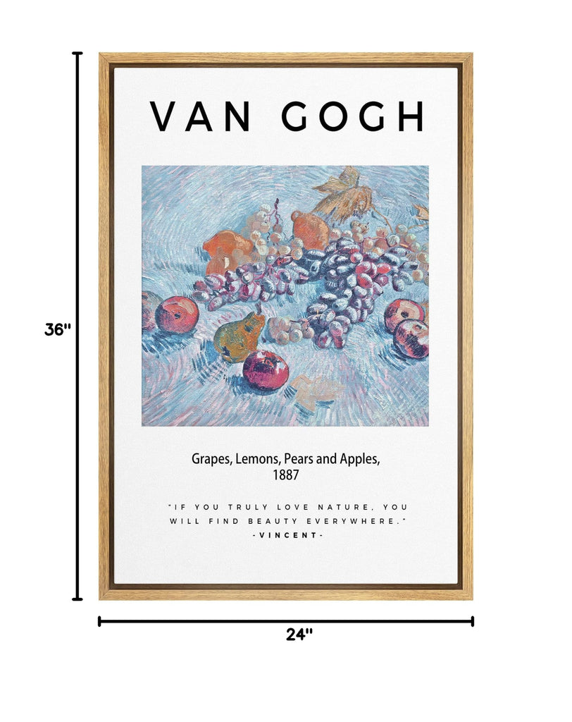 Framed Canvas Print Wall Art Grapes, Lemons, Pears and Apples Van Gogh Botanical Brushstroke Illustrations Fine Art