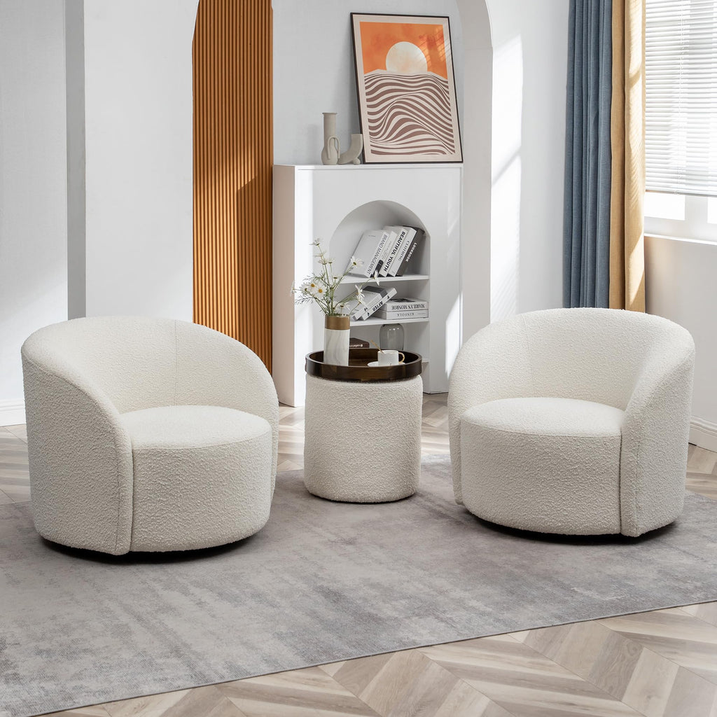 34" W No Assembly Boucle Swivel Barrel Chairs Set of 2, Cream