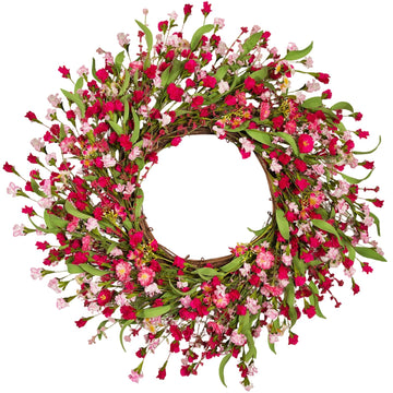 24 Inch Spring Wreaths for Front Door, Summer Wreath with Magenta Pink Flowers, Artificial Floral Greenery Eucalyptus