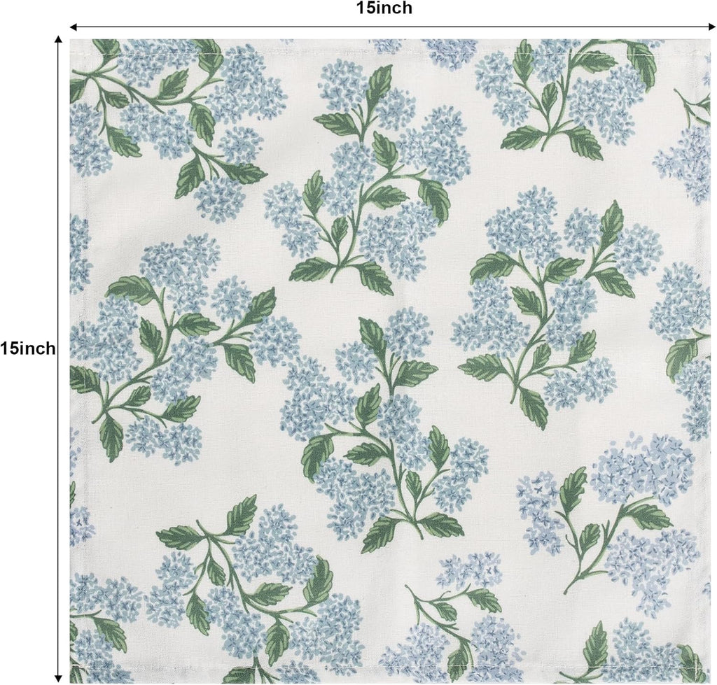 Sage Green Hydrangea Cloth Napkins Set of 12,Blue and White Vintage Floral Dinner Napkins Natural Linen Cotton