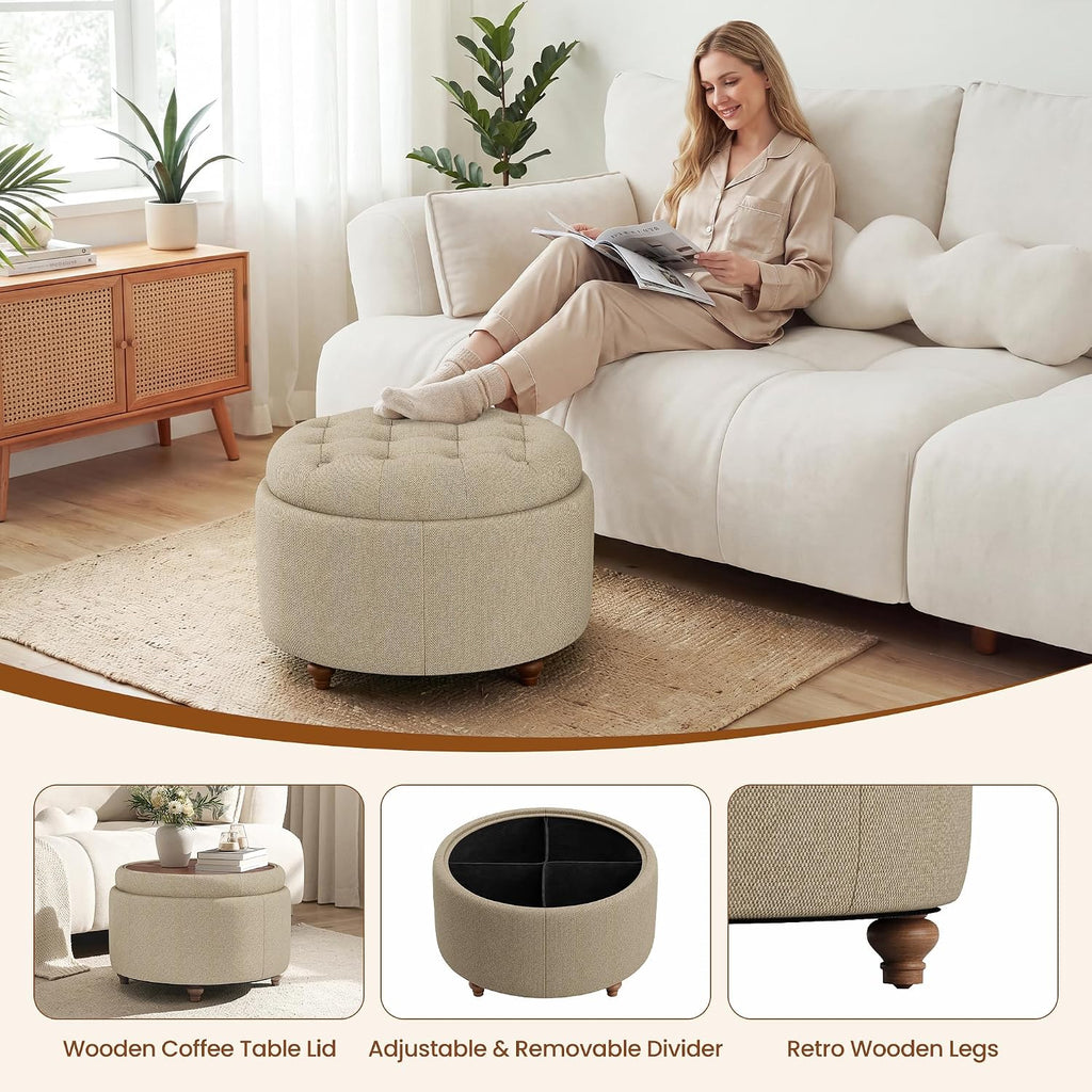 25" Round Ottoman with Storage, Small Coffee Table with Reversible Tray Lid