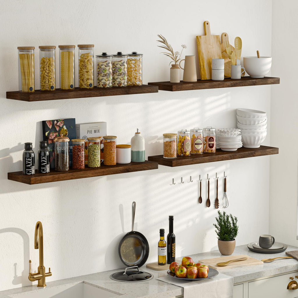 Floating Shelves for Wall, 8" Deep Solid Elm Wood Wall Mounted Shelves with Invisible Bracket, Farmhouse Wooden Shelf