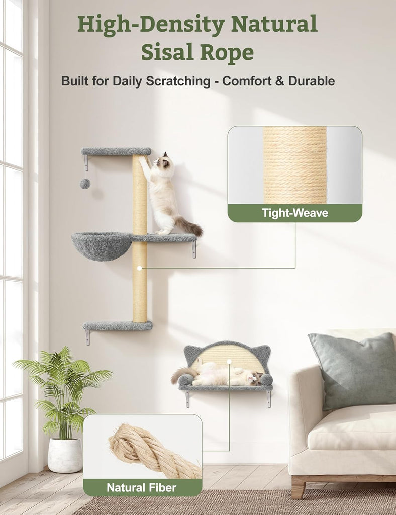 5-in-1 Cat Wall Shelves, Solid Wood Cat Wall Furniture Set for Indoor Cats