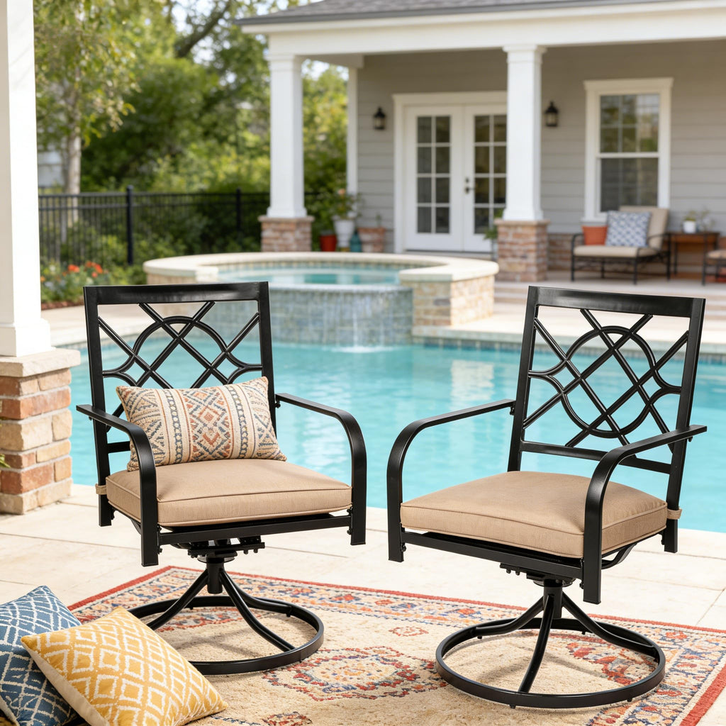 Outdoor Dining Swivel Chairs Set of 2, Metal Frame Patio Chair Rocker with Brown Cushion for Garden, Bistro