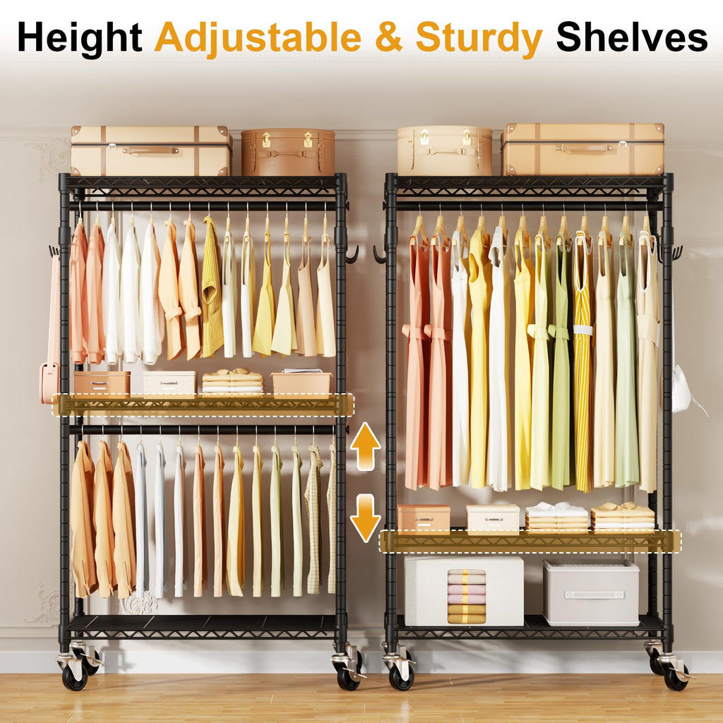 P1 Rolling Clothes Rack, Portable Wardrobe Closet Holds 500lbs