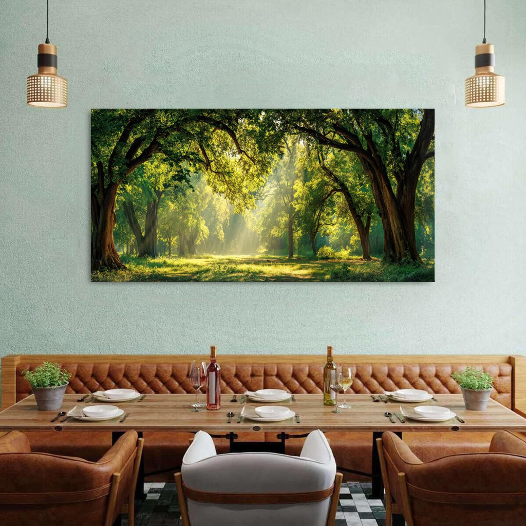 Green Forest Wall Art Panoramic Woodland Landscape Canvas Pictures Nature Wall Decor Sunrise Sunlight Trees Scenery