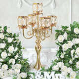 Gold Candelabra Candle Holders, Elegant Bling Centerpiece with Pendant Crystal Table Decorations 5 Arms Candlesticks