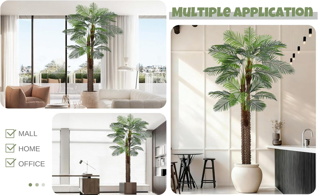 Artificial Triple Phoenix Palm Tree 10FT with 36 Leaves & Real Bark Tropical Coconut Areca Sago Palm Tall Large Faux