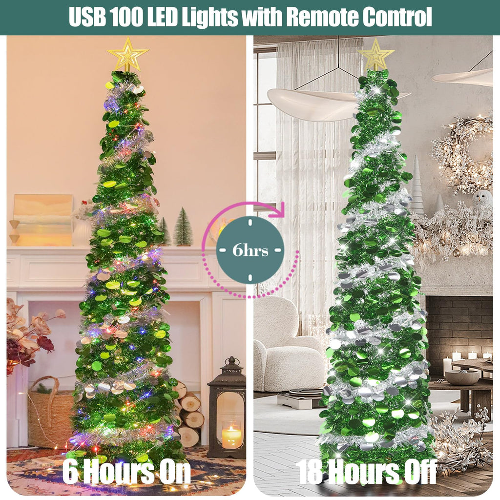 6 FT Pop Up Tinsel with 100 Colored Timer Lights & Remote, Green Silver Collapsible Artificial Pencil Tree Xmas