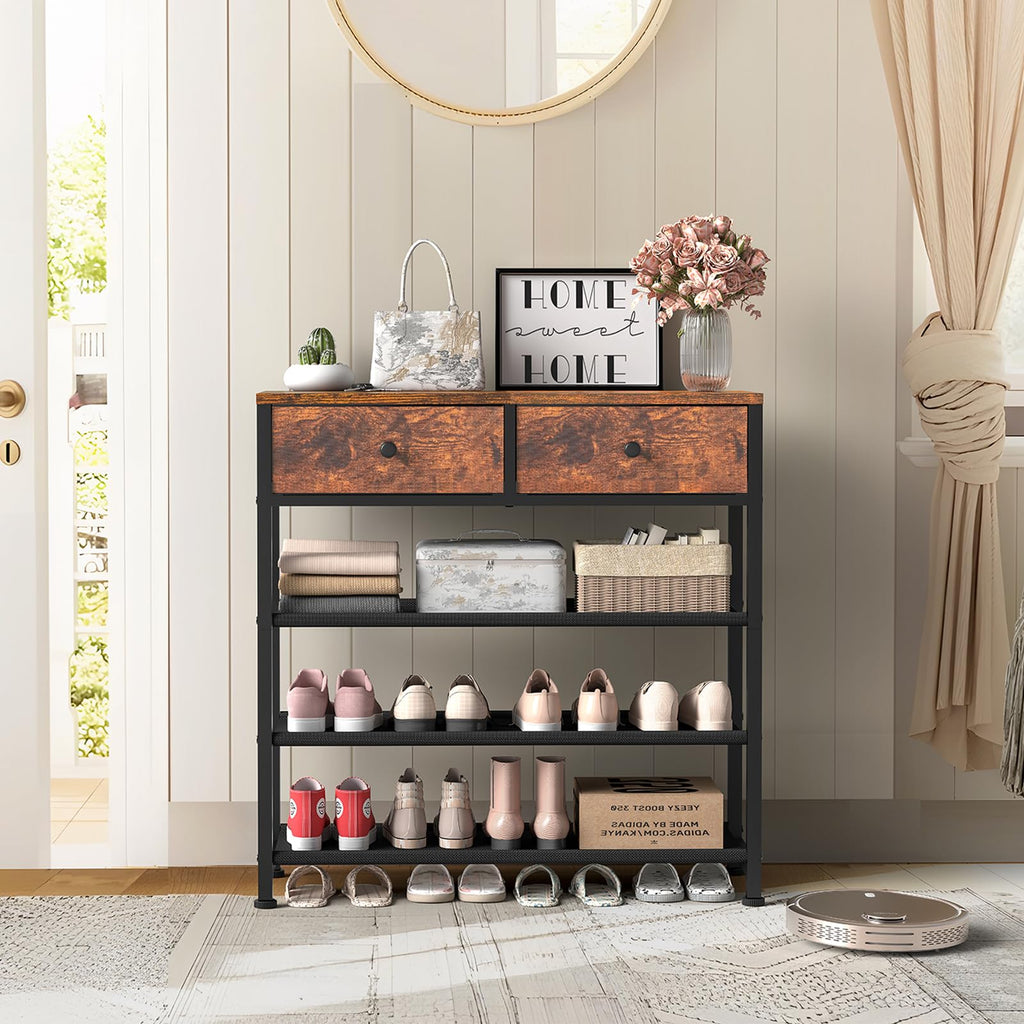 Shoe Rack, 4 Tier Shoe Storage Organizer with 2 Drawers, Metal Shoe Shelf for 9-12 Pairs of Shoes, with 3 Oxford