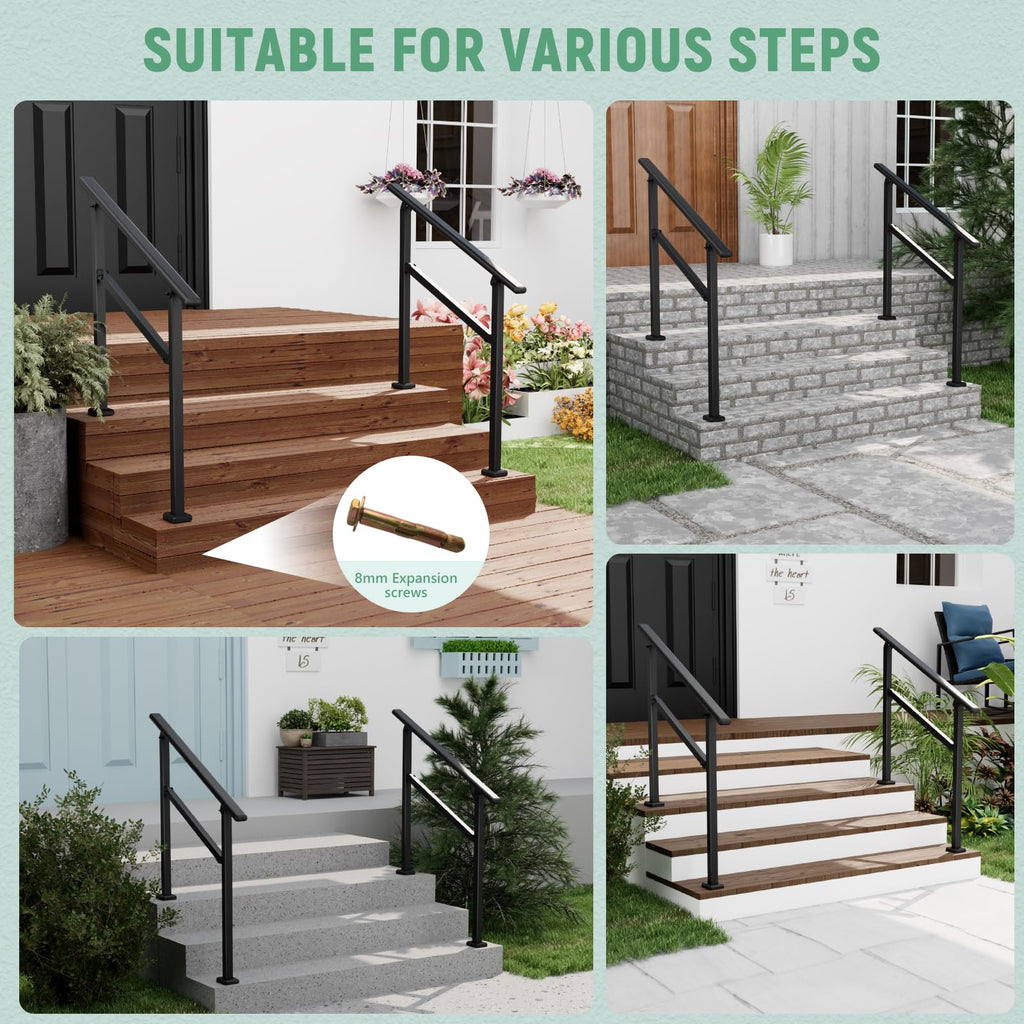 2 Pack Hand Rails for Outdoor Steps, 2-3 Step Railing for Stairs, Adjustable Porch Railing, Hand Rails for