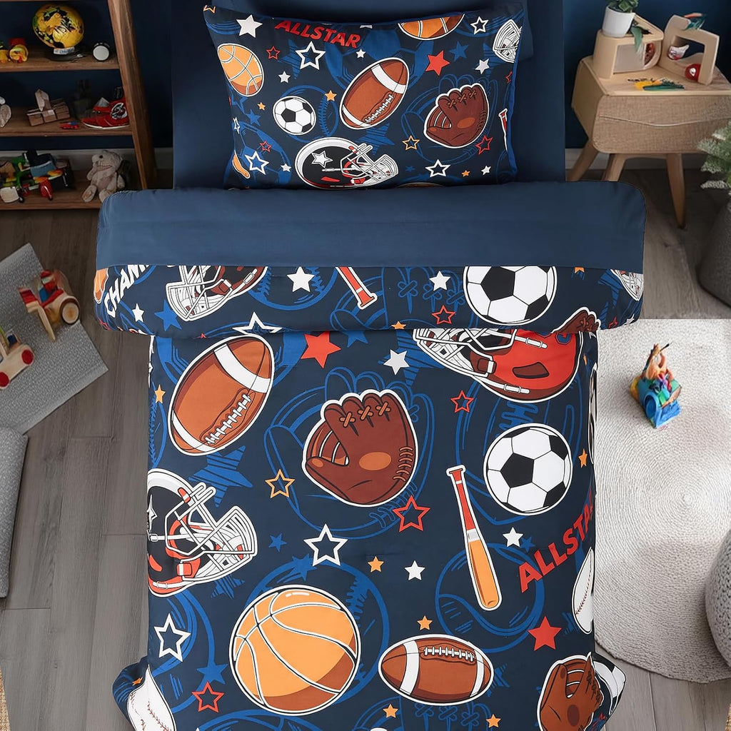 Twin Comforter Set for Boys-5 Pieces Sports Ball Games Glow in the Dark Twin Bedding Sets for Kids, Soft Bed in A Bag