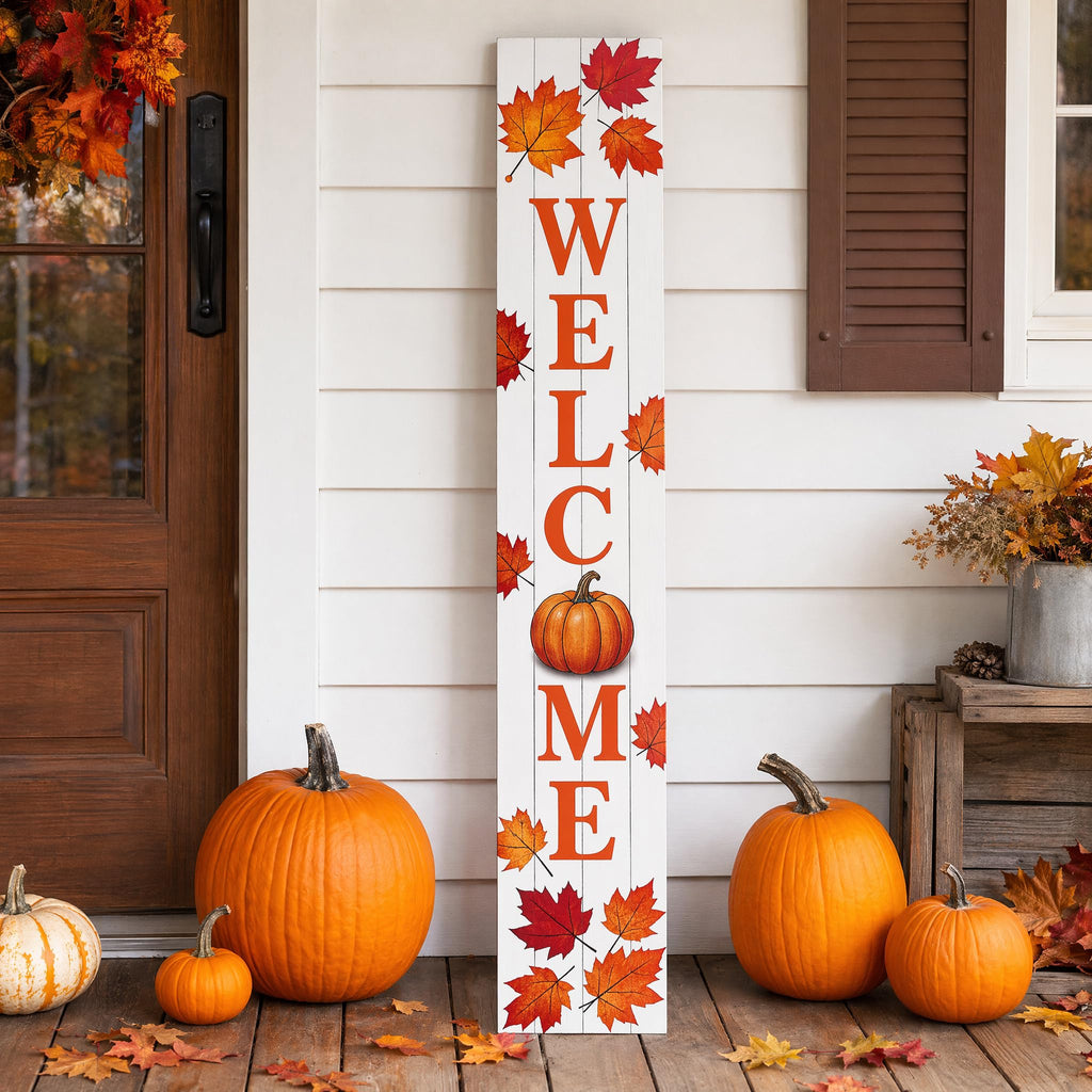 Fall Welcome Porch Sig 47" Tall Vertical Wooden Sign with Pumpkin Maple Leaves Farmhouse Rustic Autumn Thanksgiving
