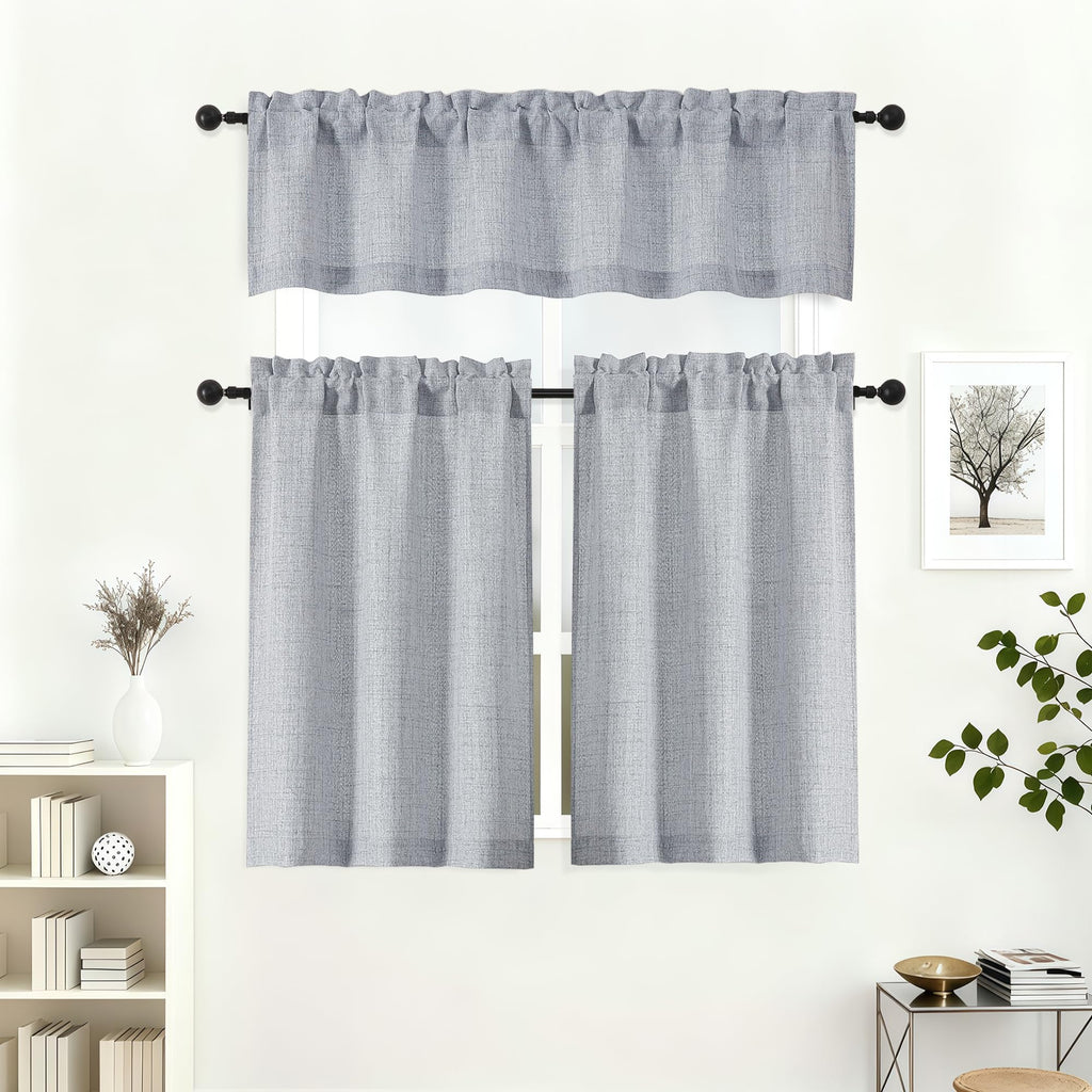 Grey Curtains 45 Inch Length 2 Pcs, Airy Privacy Light Filtering Window Decors Kitchen Curtains, Modern Aesthetic