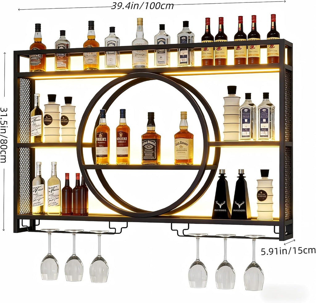 39.4" Wall Mounted Wine Rack with LED Light and Glas Holder | Industrial Metal Bar Shelf Wall Mounted Wine Rack