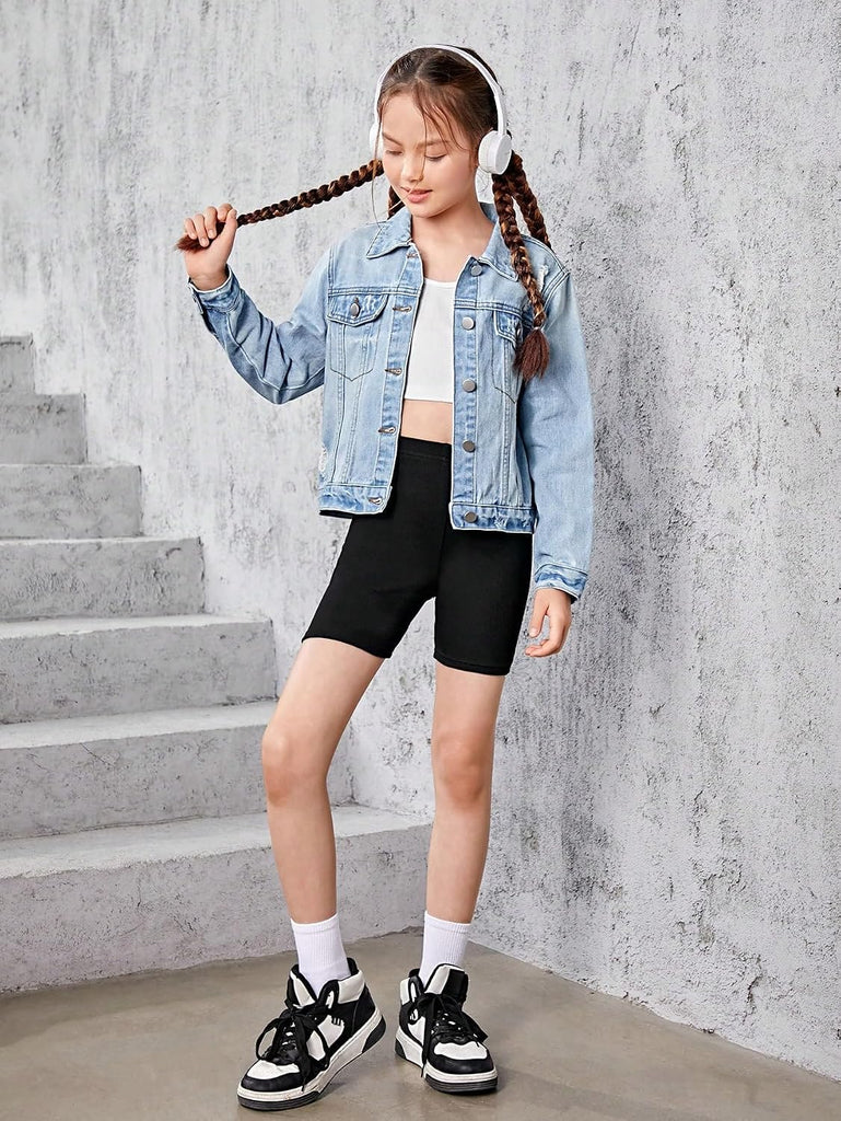 Girl's Jean Jacket Ripped Flap Button Front Collared Denim Jackets