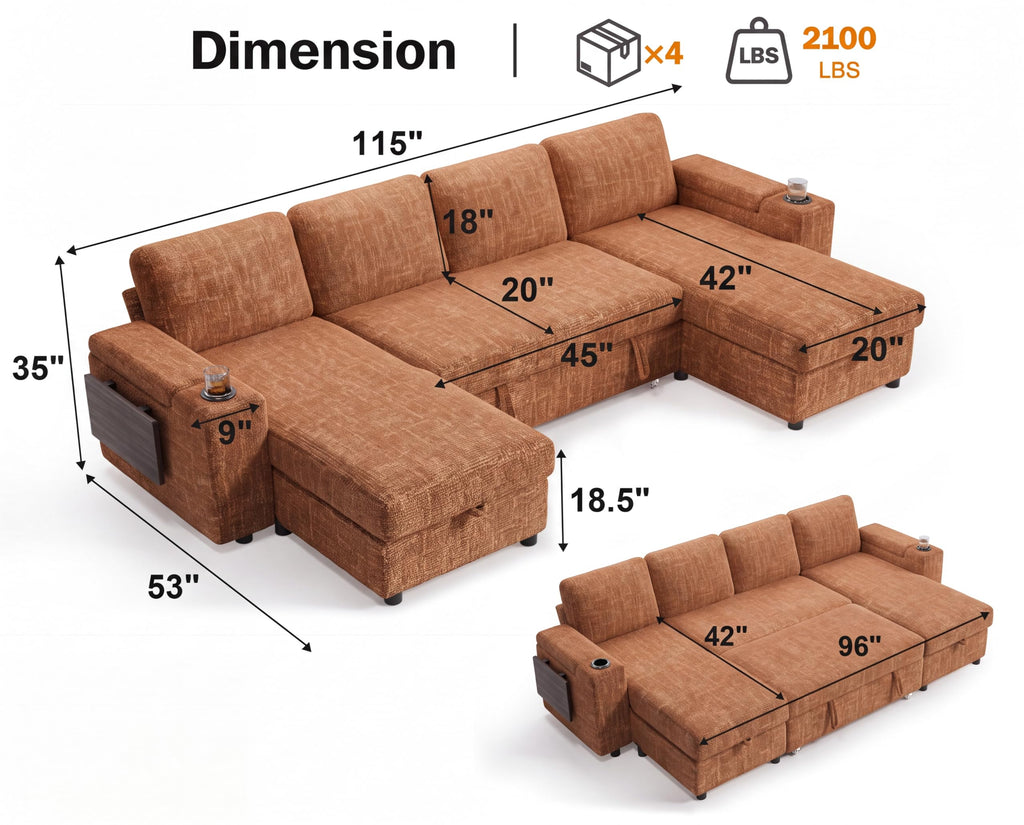 108" Modular Sectional Sleeper Sofa with Pull Out Bed, 4 Seat Chenille U Shaped Couch with USB Ports|Cup Holders|Side