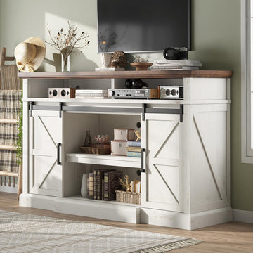 66" W Farmhouse TV Stand, Entertainment Center with Storage, White