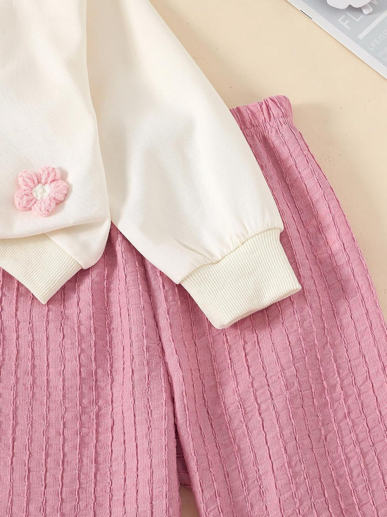 Toddler Girl 2 Piece Outfits Cute Flower Long Sleeve Cardigan Sweatshirt and Waffle Textured Wide Leg Pants Set