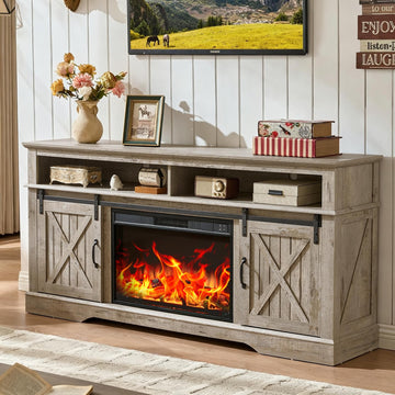 66 Inch Electric Fireplace TV Stand, Grey Farmhouse Media Console with Sliding Barn Doors, Entertainment Center with